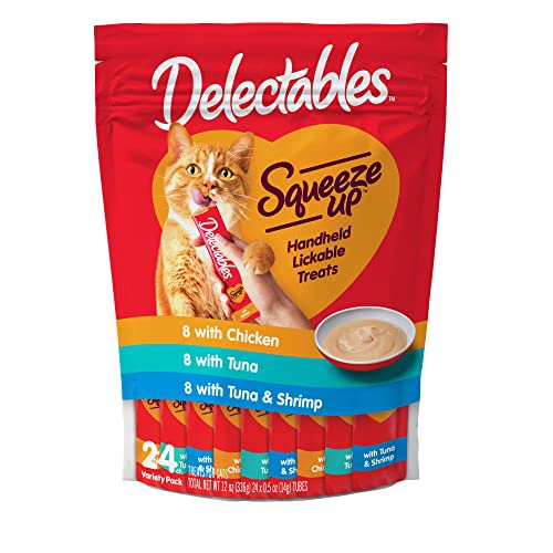 Hartz Delectables Squeeze Up Interactive Lickable Wet Cat Treats for Adult & Senior Cats, Tuna & Shrimp, 24 Count, 12 ounces - Variety - 0.5 Ounce (Pack of 24)