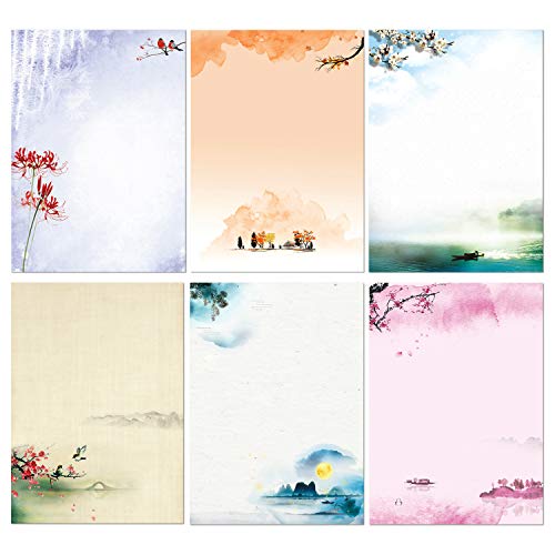 Stationary Set Japanese Stationery Letter Writing Paper, 48 Pack Stationary paper and envelopes set Ink Painting Design - 48 Stationary papers + 24 Envelopes - Stationary + Envelopes set