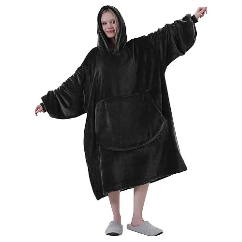 Easy-Going Oversized Flannel Wearable Blanket Hoodie for Adults, One Size Fits All - Black - Casual