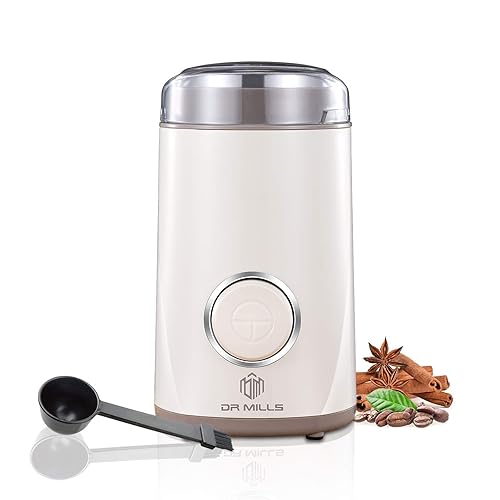 DR MILLS DM-7441 Coffee Grinder Electric, Coffee Bean and Dried Spice Grinder, One Touch Operation, Blade and cup made with SUS304 stainless steel (White) - White