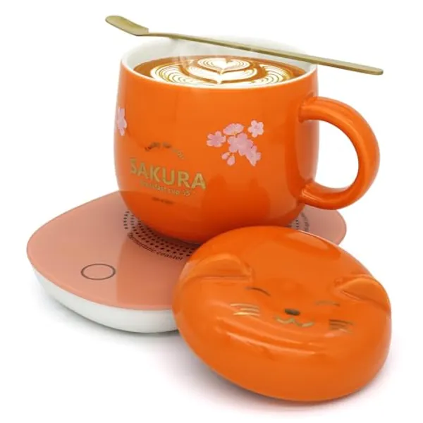 LIZHIGU Cup Warmer for Desk - Coffee Warmer Cute Coffee Cups Coffee Cup for Women Coffee Tea Warmer Cup for Desk Smart Coffee Mug Warmer Set Birthday Gift Box Coffee Mug Set Orange