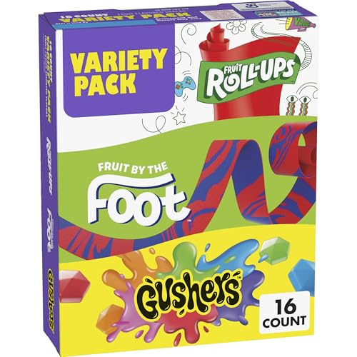 Fruit Roll-Ups, Fruit by the Foot, Gushers, Snacks Variety Pack, Kids Snacks, Halloween Candy Alternative, 16 ct - 16 Count (Pack of 1)