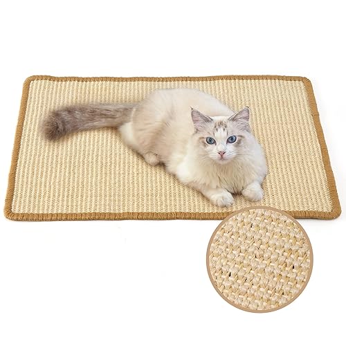 FUKUMARU Cat Scratcher Mat, 23.6 X 15.7 Inch Natural Sisal Cat Scratch Mats, Horizontal Cat Floor Scratching Pad Rug, Protect Couch and Carpets - Beige-23.6 x 15.7 Inch