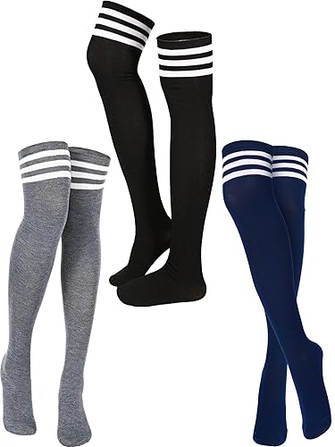 SATINIOR 3 Pairs Knee High Socks Thigh High Socks Triple Stripe over the Knee Socks Long Opaque Thigh Stockings - One Size - Black, Dark Gray, Navy Blue