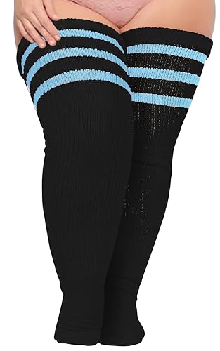 Plus Size Womens Thigh High Socks for Thick Thighs- Extra Long Striped Thick Over the Knee Socks- Leg Warmer Boot Socks - Large Plus - Black & Blue