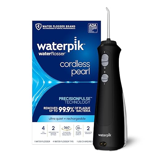 Waterpik Cordless Pearl Rechargeable Portable Water Flosser for Teeth, Gums, Braces Care and Travel with 4 Flossing Tips - ADA Accepted, WF-13 Black, Packaging May Vary - Black - Oral Irrigator