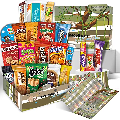Maxi Snack Box | Extraordinary Present for Special Moments | Multipack Hamper Gift of Sweet Candy | American Alike Old Fashioned Retro Turkish Treats | Green Jungle Themed Box | 21 Full-Size Snacks