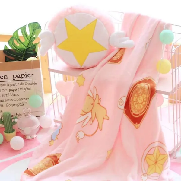GK-O 2 in 1 Anime Card Captor Kinomoto Sakura Pink Sweet Flannel Pillow Cushion Throw Blanket - 