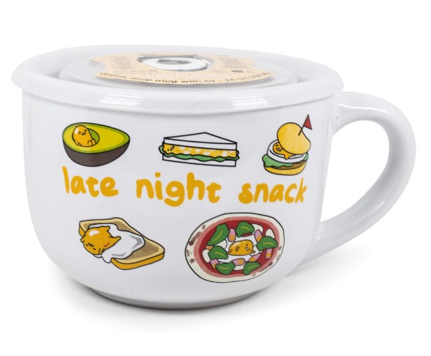 Silver Buffalo Sanrio Gudetama Burp Late Night Snack Lazy Egg Ceramic Soup Mug with Vented Plastic Lid, 24 Ounces - Gudetama