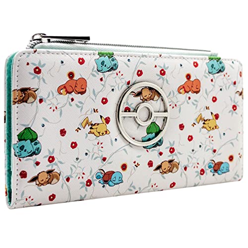 Eevee Sleeping Starter Characters in Flowers White Coin and Card Clutch Purse, One Size