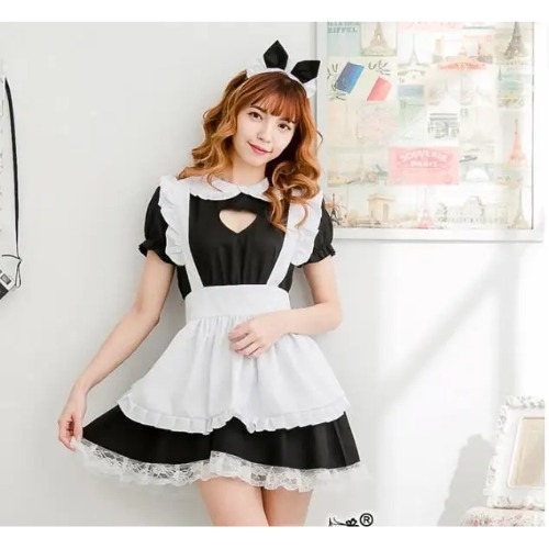 Kawaii Maid Cosplay Dress with Size Chart and Adorable Neko Twist - M