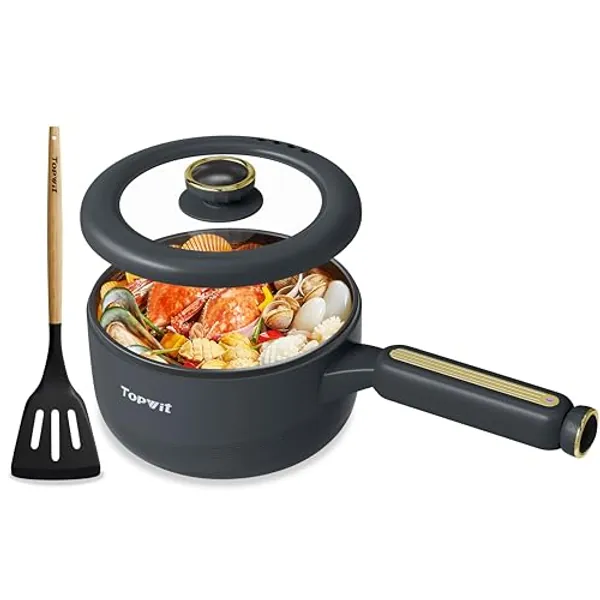 TOPWIT Hot Pot Electric, 2L Multifunctional Electric Pot, Non-Stick Fring Pan, Portable Pot for Steak, Egg, Fried Rice, Ramen, Soup with Dual Power Control (Silicone Spatula Included), Grey - Grey