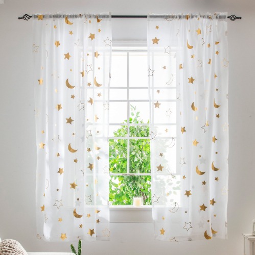Star Sheer Curtains for Kids Bedroom - Cute Gold Star Moon Curtains for Girls Room - Gold Foil Print Moon Curtains White Sheer Curtains for Nursey Bedroom 63 Inch Long, Set 2 Panels - W52''xL63'', 2 panels Gold on White