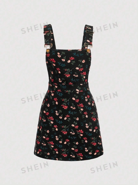 SHEIN MOD Floral Print Overall Dress Without Tee