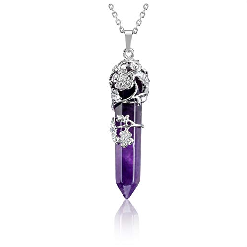 JOVIVI Amethyst Healing Crystal Point Pendant Necklace for Women, Silver Flower Wrapped Purple Hexagonal Energy Healing Stone Chakra Necklace Gemstone Balancing Jewellery Gifts - Amethyst
