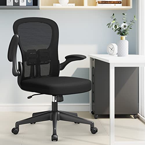 YONISEE Office Chair - Ergonomic Desk with Flip-up Armrest, Lumbar Support Height Tilting Adjustment, High-density Seat Cushion, Mesh Back Rocking Computer Conference Executive Task - Black