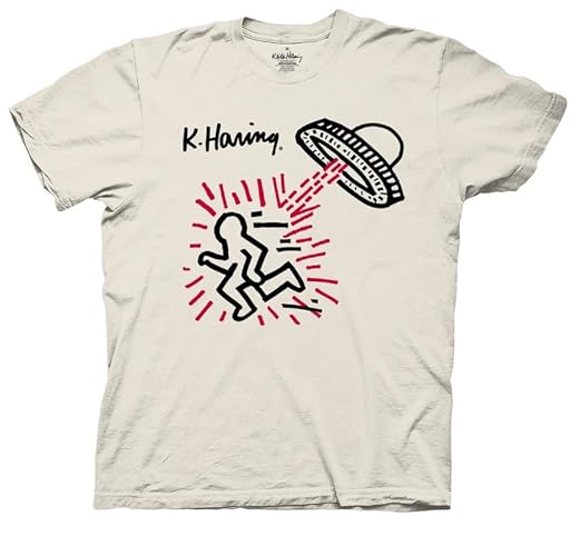 Keith Haring Iconic Artwork Elevated Ink T-Shirts for Men or Women - X-Large - Natural - Ufo Abduction
