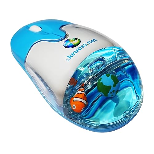 Skeuoss Frutiger Aero Aqua Mouse - Clear Blue USB-C Rechargeable Wireless & Bluetooth Optical Retro Computer Mouse with Liquid Water Section and Floaters (Globe, Clownfish)