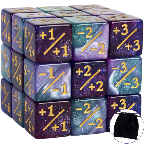 24 PCS Token Dice Counters Magic The Gathering Starry Sky Dice Marble Cube D6 Dice for Loyalty CCG MTG Creature Stats Card Gaming Accessories (Turquoise&Lilac, Navy&Fuchsia)