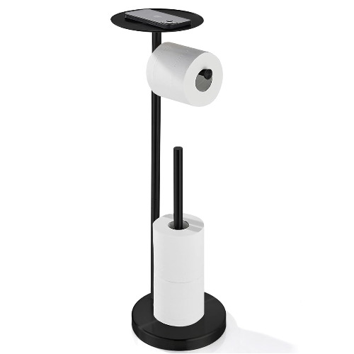 Toilet Paper Holder Stand for Bathroom Floor Standing Toilet Roll Dispenser Storages 4 Reserve Rolls, with Top Storage Shelf for Cell Phones, Wipe, Wallet and More (Black)
