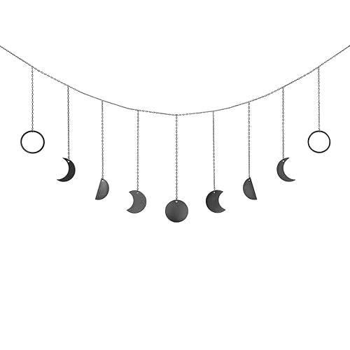 Mkono Moon Phase Wall Hanging Boho Aesthetic Room Decor Metal Moons Garland Hanging Art Bohemian Home Decoration for Girls Room Nursery Bedroom Livingroom Dorm, Ideal, Black, 50" - Black - Medium