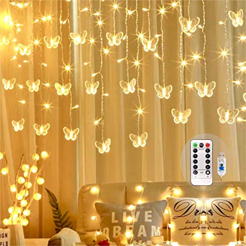 Butterfly Curtain Fairy Lights USB Plug in,8 Modes 120 LED 19.7FT Firefly Twinkle Timer String Lights with Remote, Waterproof Copper Wire for Bedroom Patio Christmas Wedding Party Dorm(Warm White) - Warm White