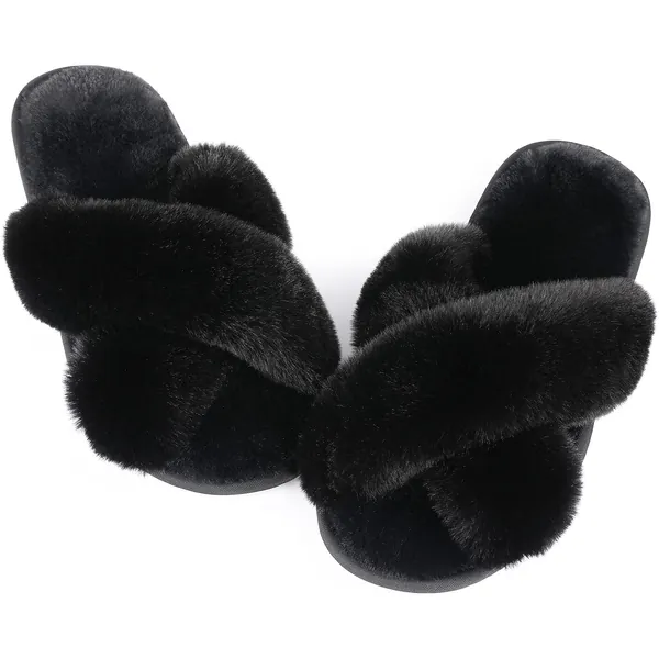 Womens Fuzzy Memory Foam Slippers - Ankis Cross Band Cozy Plush Home Slippers Fluffy Furry Open Toe House Shoes Indoor Outdoor Slide Slipper - 5-6 Black