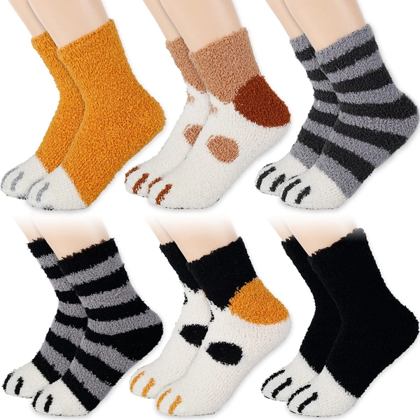 6 Pairs Winter Cute Cat Paw Socks Warm Fuzzy Plush Slipper Socks Fluffy Thick Fleece Cute Animal Paw Socks Cartoon Sleeping Home Floor Sock for Unisex