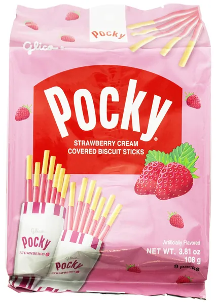 Glico Pocky, Strawberry Cream Covered Biscuit Sticks, 9 Individual Packs, 3.81 Ounce Bag - 5 Count Display Box - Strawberry