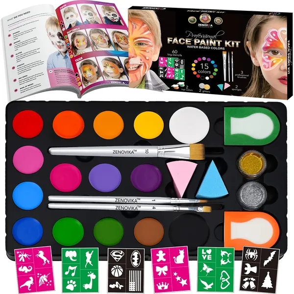 Zenovika Face Paint Kit for Kids - 60 Jumbo Stencils, 15 Large Water Based Paints, 2 Glitters - Halloween Makeup Kit, Professional Face Paint Palette, Safe for Sensitive Skin, Face Painting Book