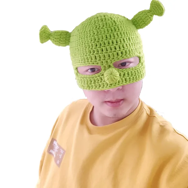 Union Power Full Head Green Hat, Shrek Hats with Cute Ears, Knitted Hat with Mask, Funny Halloween Cosplay Prop