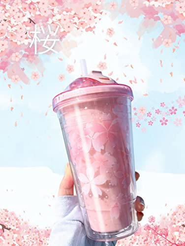 16 oz Cute Water Bottle with Straw and Lid, Glitter Double Wall Water Bottle with Straw Kawaii Cup Cherry blossoms Water Bottle Kawaii Cups for Gifts (Pink) - Pink