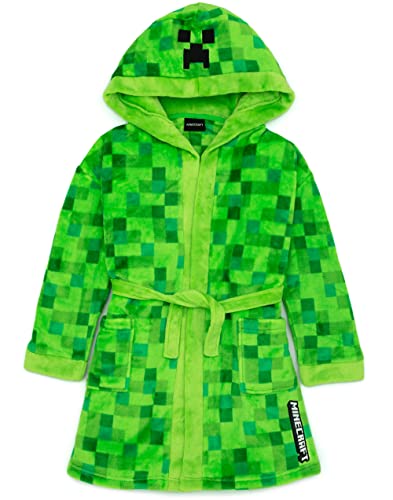 Minecraft Creeper Dressing Gown For Boys & Girls | Kids Green Soft Pixelated Bathrobe With Creeper Face Hood | Teens & Children’s Nightwear Robe | Gamer Gifts - 13-14 Years - Green