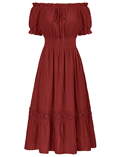 SCARLET DARKNESS Women Renaissance Dress Short Sleeve Off Shoulder Smocked Cottagecore Dresses - S - Red