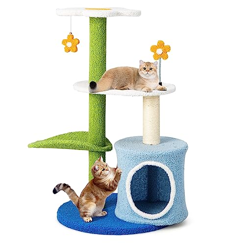 COSTWAY Cat Tree, Flower Shaped Cats Climbing Tower with Condo, Sisal Scratching Posts, 3 Perches, Jingling and Spring Ball, Multi-level Kitten Activity Center Play House for Indoor