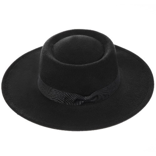 PORSYOND Wide Brim Fedora Flat Top Hat Wool Felt Boater Pork Pie Jazz Hat for Women - Black