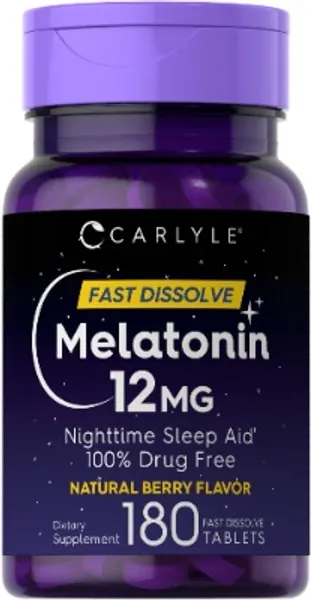 Carlyle Melatonin 12 mg Fast Dissolve 180 Tablets | Nighttime Sleep Aid | Natural Berry Flavor | Vegetarian, Non-GMO, Gluten Free
