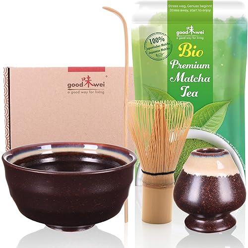 Goodwei Matcha Set mit Matcha Besen, Matcha Schale, Besenhalter aus Keramik und BIO Matcha Tee aus Japan | Geschenkset (Kumo) - Kumo