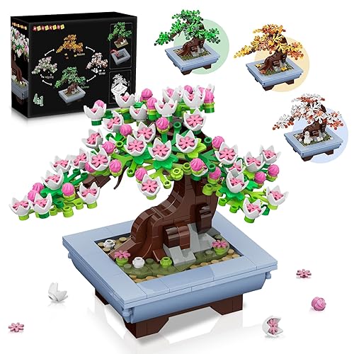 HOGOKIDS Blumen Bonsai Baum Bauset - 4 Jahreszeiten Sakura Bausteine 584 Stück, Pflanzen Kollektion Deko Bausatz, Geburtstagsgeschenk für Erwachsene Kinder Mädchen Jungs im Alter von 6-12+