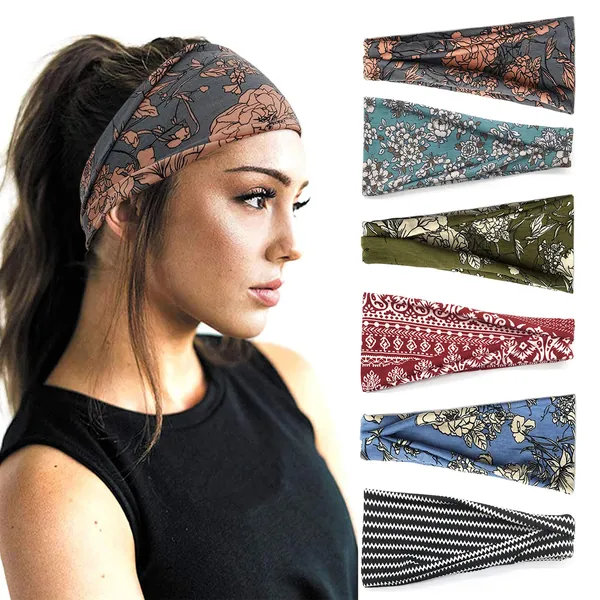 Boho Headbands For Women Fashion Wide Headband Yoga Workout Head Bands Hair Accessories Band 6 Pack - Flower3