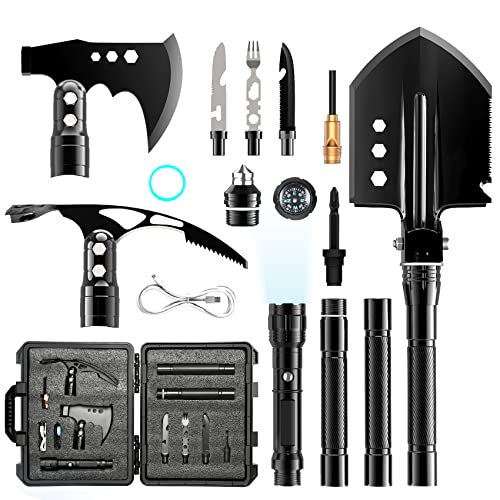 Survival Shovel Camping Axe Set, IUZEAI All-in-One Tactical Survival Tools with Camping Shovel Axe Tableware Flashlight, Survival Multitool Gear with Hard Case for Camping, Hiking, Snow, Off-Road