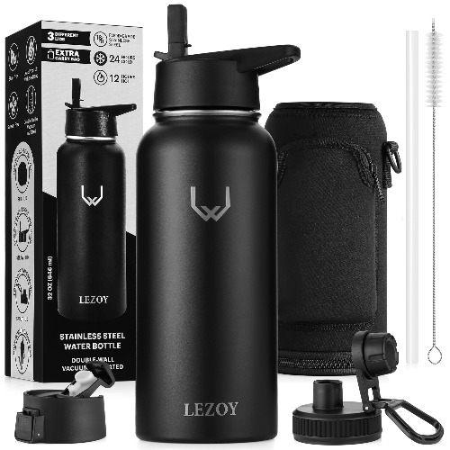 LEZOY (8 in 1) Stainless Steel Vacuum Insulated Water Bottle,946 ml Double-Wall Drink Bottle, 3 Leak-Proof Lids, Extra Carry Bag. BPA Free Sweat-Proof Sports Water Bottle , Send from Australia. (32 OZ , Black)