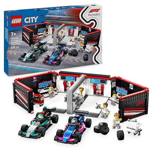 LEGO City F1 Garage & Mercedes-AMG & Alpine Cars - Toy Formula 1 Racing Vehicles Set with 2 Drivers & 4 Mechanic Minifigures - Gifts for 7+ Year Old Boys & Girls or Adult Fans - 60444