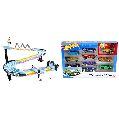 Hot Wheels Mario Kart Rainbow Road Raceway 8-Foot Track Set with Lights & Sounds & 2 1:64 Scale & Toy Cars & Trucks in 1:64 Scale, Set of 10, Multipack of Die-Cast Race or Police Cars - + Assortment - Track