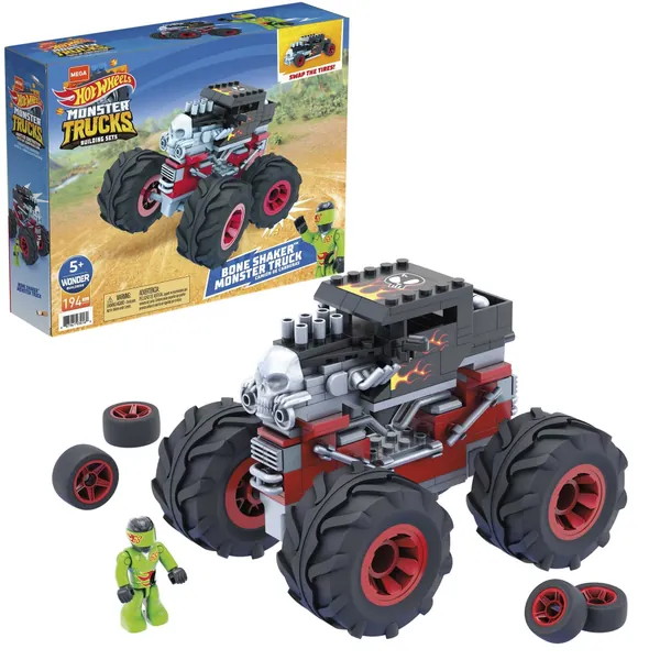 MEGA Hot Wheels Bone Shaker building set with micro figure driver, rolling wheels and authentic features, toy gift set for ages 5 and up​