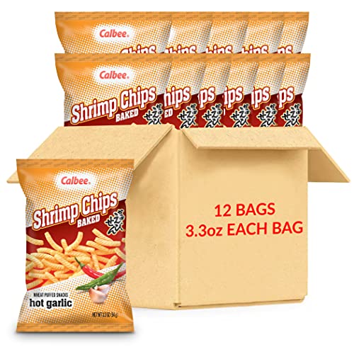 Calbee Shrimp Chips (Hot Garlic, 4.0 oz) | Japanese Chips Made With Real Wild-Caught Shrimp & Baked To Crunchy Perfection | Indulge In Irresistible Shrimp Flavoured Chips (12 Pack) - Hot Garlic - 3.30 Ounce (Pack of 12)