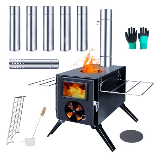Fitinhot Camp Wood Stove, Tent Wood Burning Stoves Portable with Chimney Pipes, Upgraded Titanium Surface Camping Stove, Heat Resistant Glass & Gloves for Outdoor (Black) - Black