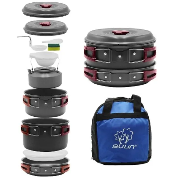 Bulin 27/13/11/8/3 PCS Camping Cookware Mess Kit Nonstick Lightweight Backpacking Cooking Set Outdoor Cook Gear for Family Hiking, Picnic(Kettle, Pot, Frying Pan, Bowls, Plates, Spoon)