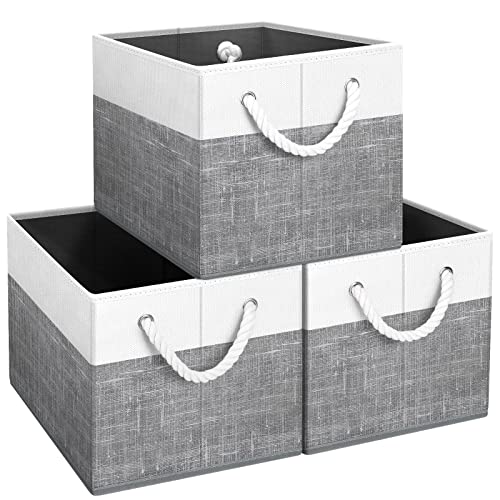 Fab totes Storage Bins [3-Pack], Foldable Storage Baskets for Organizing Toys, Books, Shelves, Closet, Large Storage Box with Rope Handles, Sturdy Organizer Bins, White & Grey - Grey