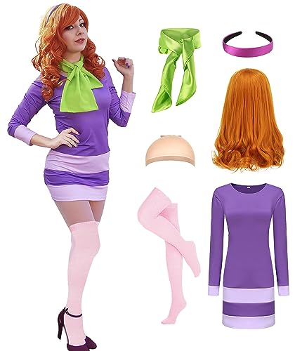 Daphne Costume Dress Women Adult Halloween Costume Deluxe Cosplay Outfits Wig Scarf Headband Stockings Accessories - Women Daphne Costume - XX-Large